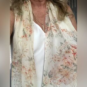 Elegant Vintage“Fleurs d’automne” Sheer Scarf Cream w/ orange infused green hues